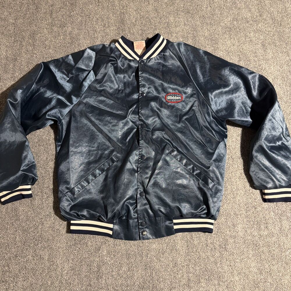 Vintage GLIDDEN PAINT Nylon Bomber Jacket Size Large Blue Snap Up Made USA